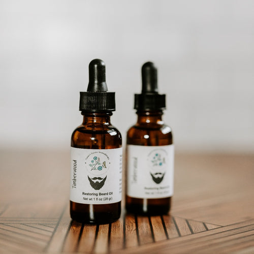 PA made, Natures Kisses Aromatherapy restoring beard oil on a wooden background