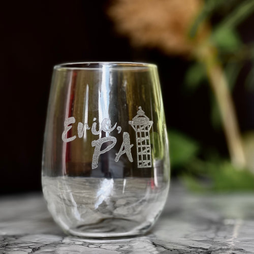 Stemless wine glass with Erie PA lettering and tower engraved into glass