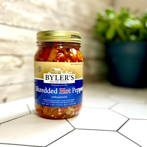 Can of Byler's shredded hot peppers on a white background