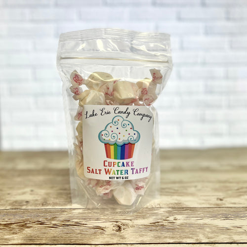 Bag of Lake Erie Candy Company cupcake salt water taffy with a white background