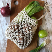 Load image into Gallery viewer, Macrame Market Bag filled with lettuce, potatoes and onions to show how bag works
